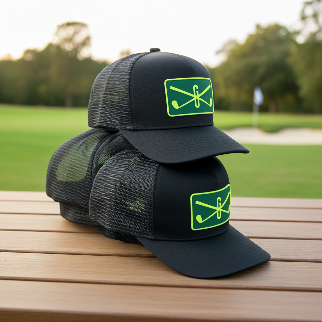GU Trucker caps sort – norsk premium golfcaps med GolfUnity-logo - stablet